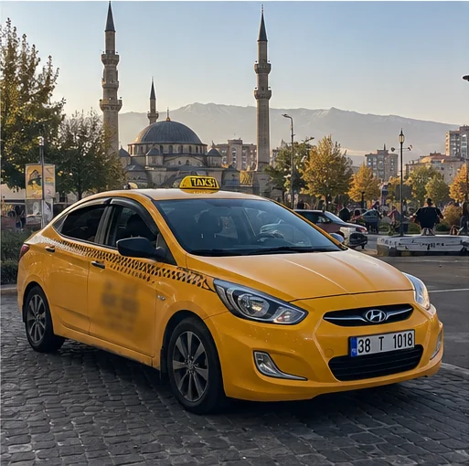 Kayseri 7/24 Taksi aracı, 38 T 1018 plaka, önden görünüm